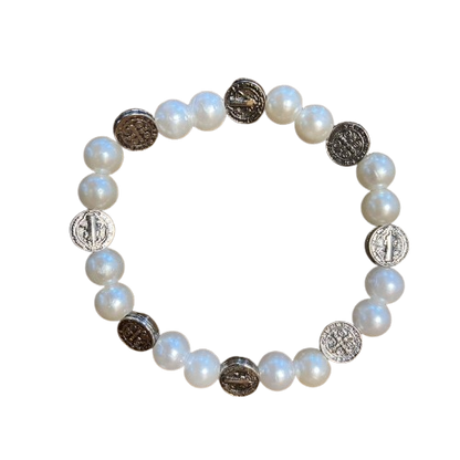 PULSEIRA PÉROLA COM MEDALHAS DECORADAS MEDALHA SÃO BENTO PRATEADA  MOD2 (01 UNIDADE)