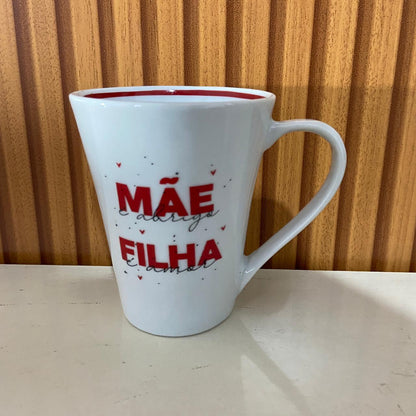 CANECA BRANCA DE PORCELANA MÃE É ALEGRIA FILHA É AMOR (1 UNIDADE)