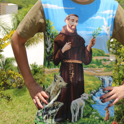 CAMISETA MARROM CLARO SÃO FRANCISCO DE ASSIS TAMANHO PP (1 UNIDADE)