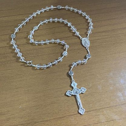 TERÇO CRISTAL NOSSA SENHORA APARECIDA  E SÃO CRISTÓVÃO 6 MM TRANSPARENTE  (1 UNIDADE)