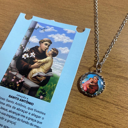 CORRENTE INOX COM MEDALHA RESINADA SANTO ANTÔNIO  (3 UNIDADES)