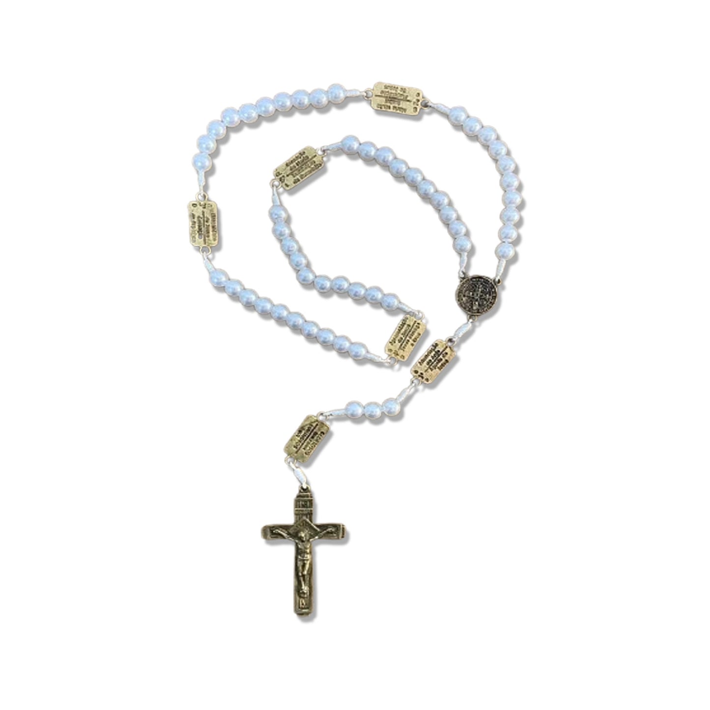 TERÇO PÉROLA CONTEMPLAÇÃO DOS MISTÉRIOS DO ROSÁRIO MEDALHA SÃO BENTO (1 UNIDADE)