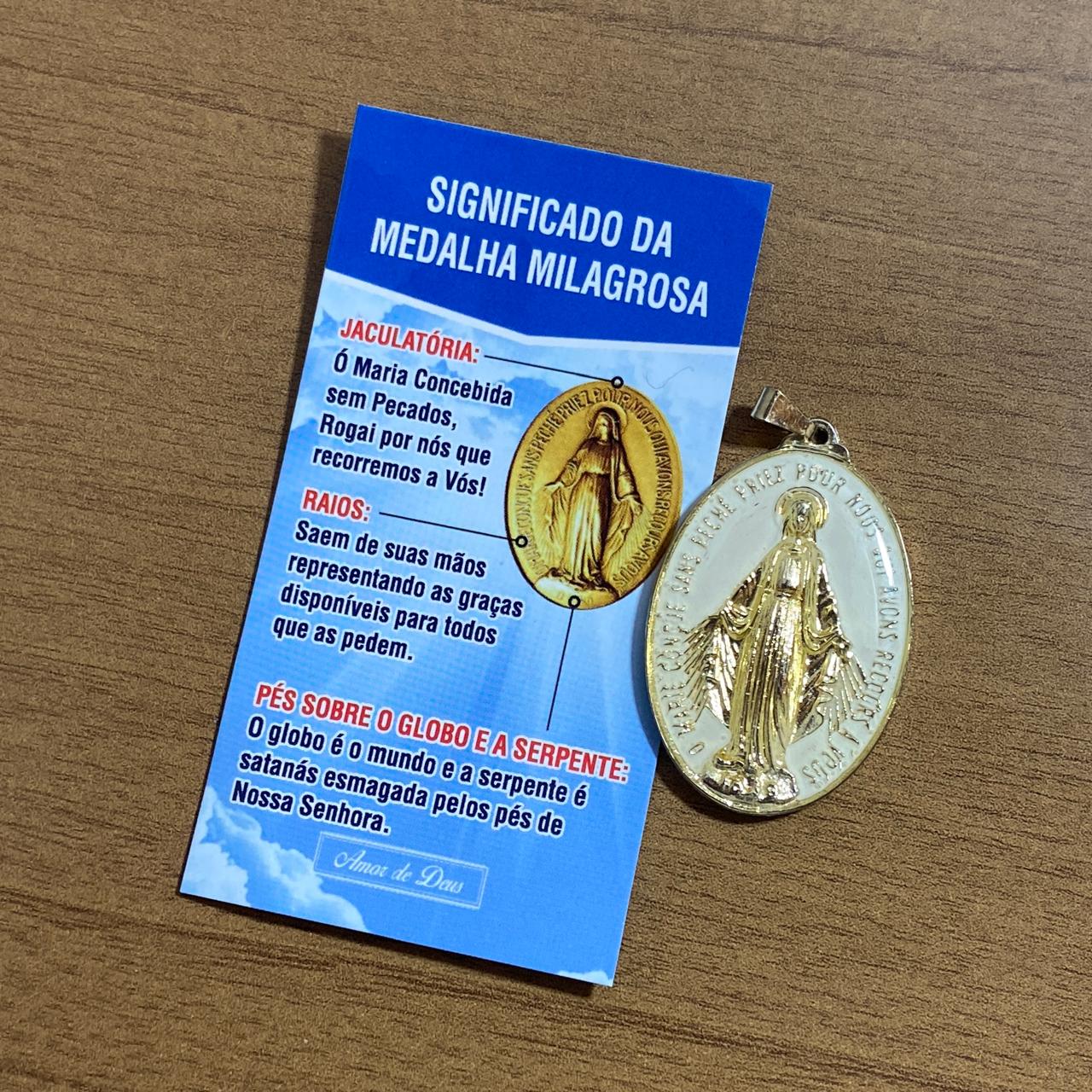 MEDALHA MILAGROSA RESINADA NOSSA SENHORA DAS GRAÇAS BRANCA COM FOLHETO (1 UNIDADE)