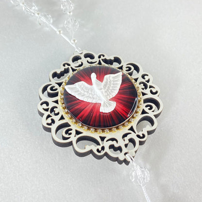 MEDALHÃO DE PORTA RESINADO COM STRASS DIVINO ESPÍRITO SANTO EM RELEVO (1 UNIDADE)