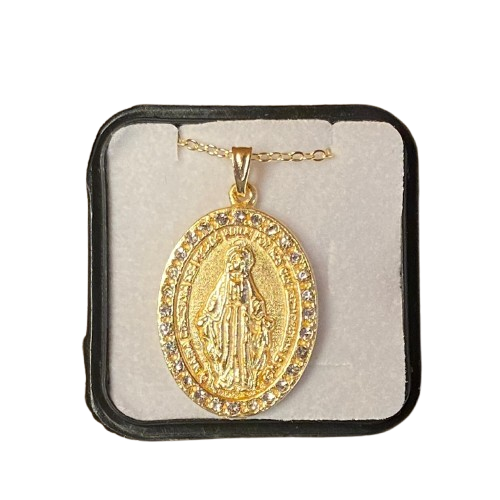 COLAR DOURADO PINGENTE NOSSA SENHORA DAS GRAÇAS COM STRASS  (1 UNIDADE)