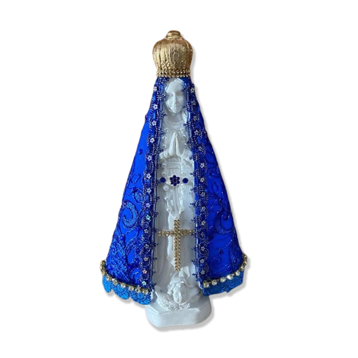 IMAGEM DE GESSO NOSSA SENHORA APARECIDA BRANCA MANTO AZUL COM STRASS MOD1 31CM (1 UNIDADE)