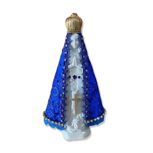 IMAGEM DE GESSO NOSSA SENHORA APARECIDA BRANCA MANTO AZUL COM STRASS MOD1 31CM (1 UNIDADE)
