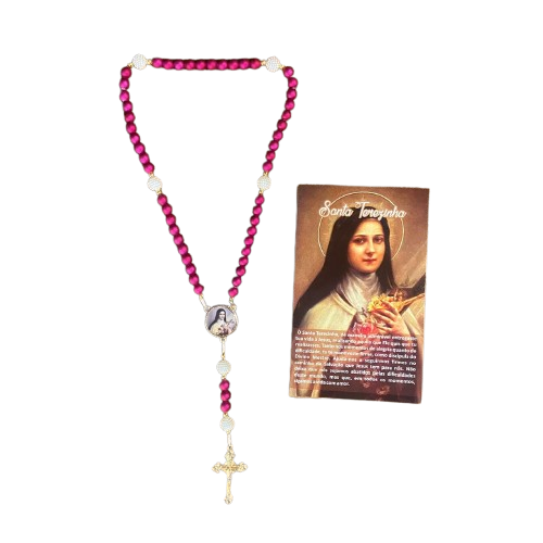 TERÇO PÉROLA ROSA COM MEDALHA RESINADA SANTA TERESINHA  8MM (1 UNIDADE)