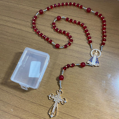 TERÇO DE NOIVA DOURADO CRISTAL VERMELHO NOSSA SENHORA APARECIDA 08MM (1 UNIDADE)