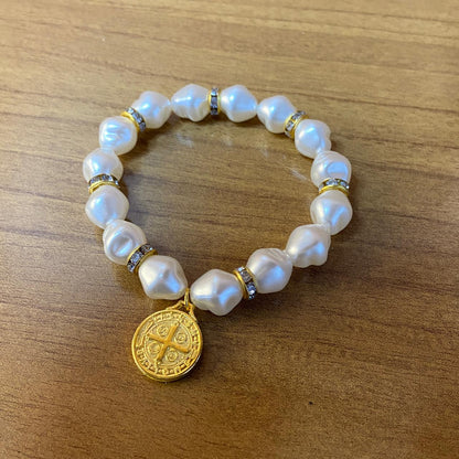 PULSEIRA PÉROLA MEDALHA DE SÃO BENTO 10MM MOD-8 (03 UNIDADES)