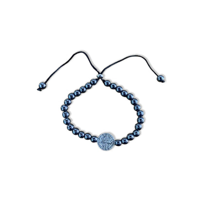 PULSEIRA REGULÁVEL HEMATITA MEDALHA SÃO BENTO  (12 UNIDADES)