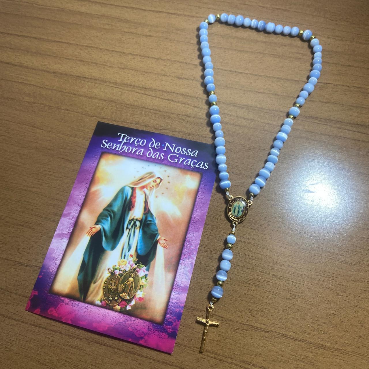 TERÇO PÉROLA AZUL NOSSA SENHORA DAS GRAÇAS 6MM (1 UNIDADE)