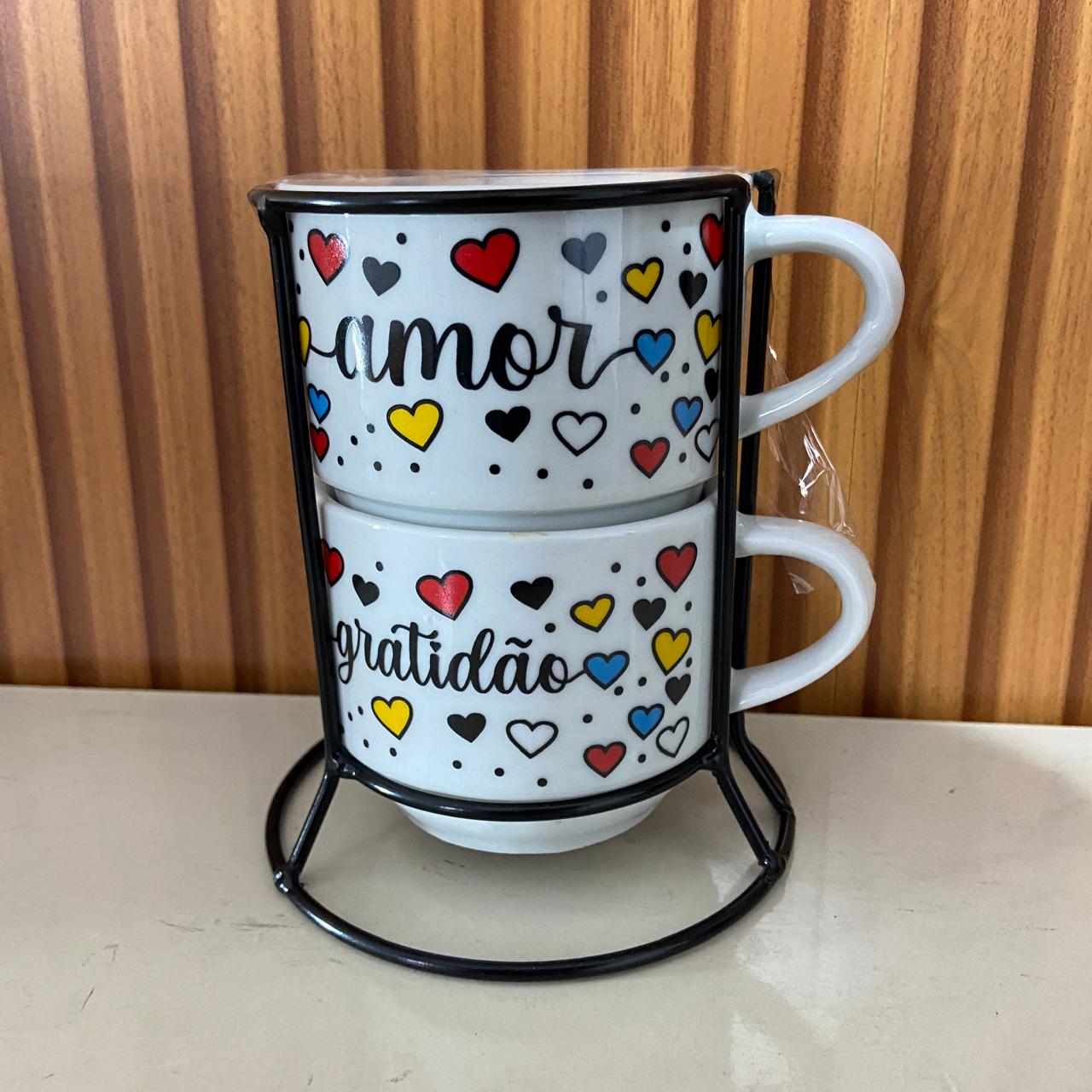 XÍCARA BRANCA EMPILHÁVEL AMOR E GRATIDÃO ( 2 UNIDADES)