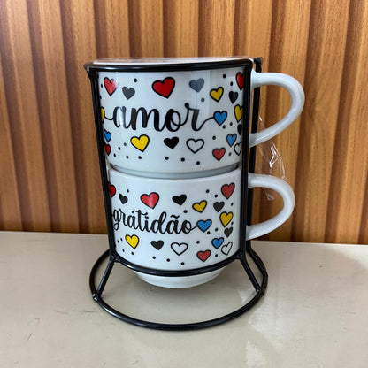 XÍCARA BRANCA EMPILHÁVEL AMOR E GRATIDÃO ( 2 UNIDADES)