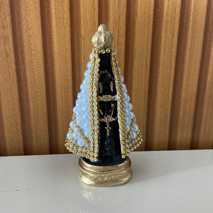 IMAGEM DE GESSO NOSSA SENHORA APARECIDA PÉROLA BRANCA COM STRASS 10,5CM MOD 2 (1 UNIDADE)