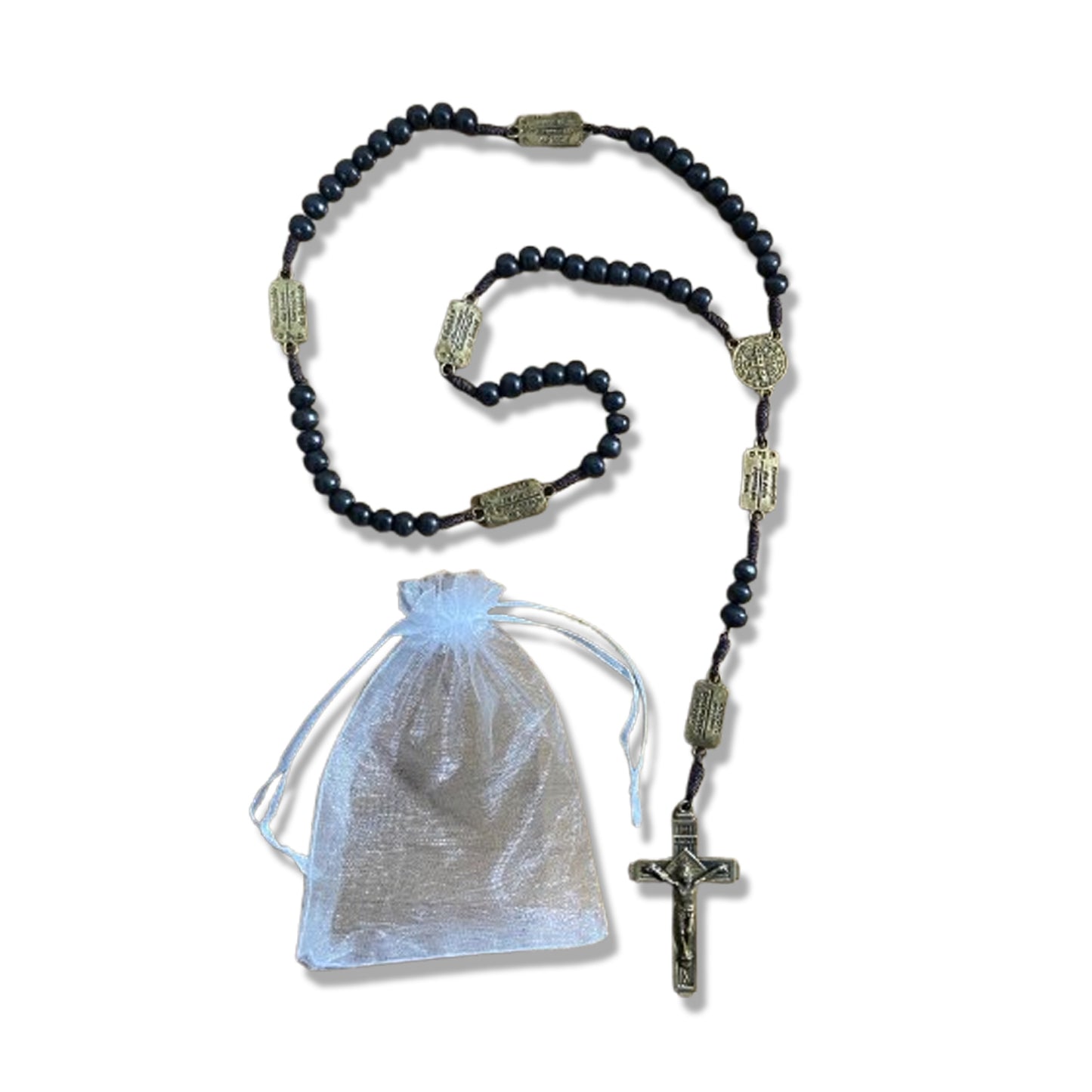 TERÇO DE MADEIRA PRETA CONTEMPLAÇÃO DOS MISTÉRIOS DO ROSÁRIO MEDALHA SÃO BENTO (1 UNIDADE)