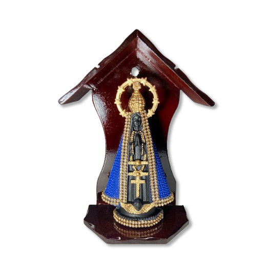 ORATÓRIO DE PAREDE TABACO + IMAGEM DE PLÁSTICO NOSSA SENHORA APARECIDA AZUL 20CM (1 UNIDADE)