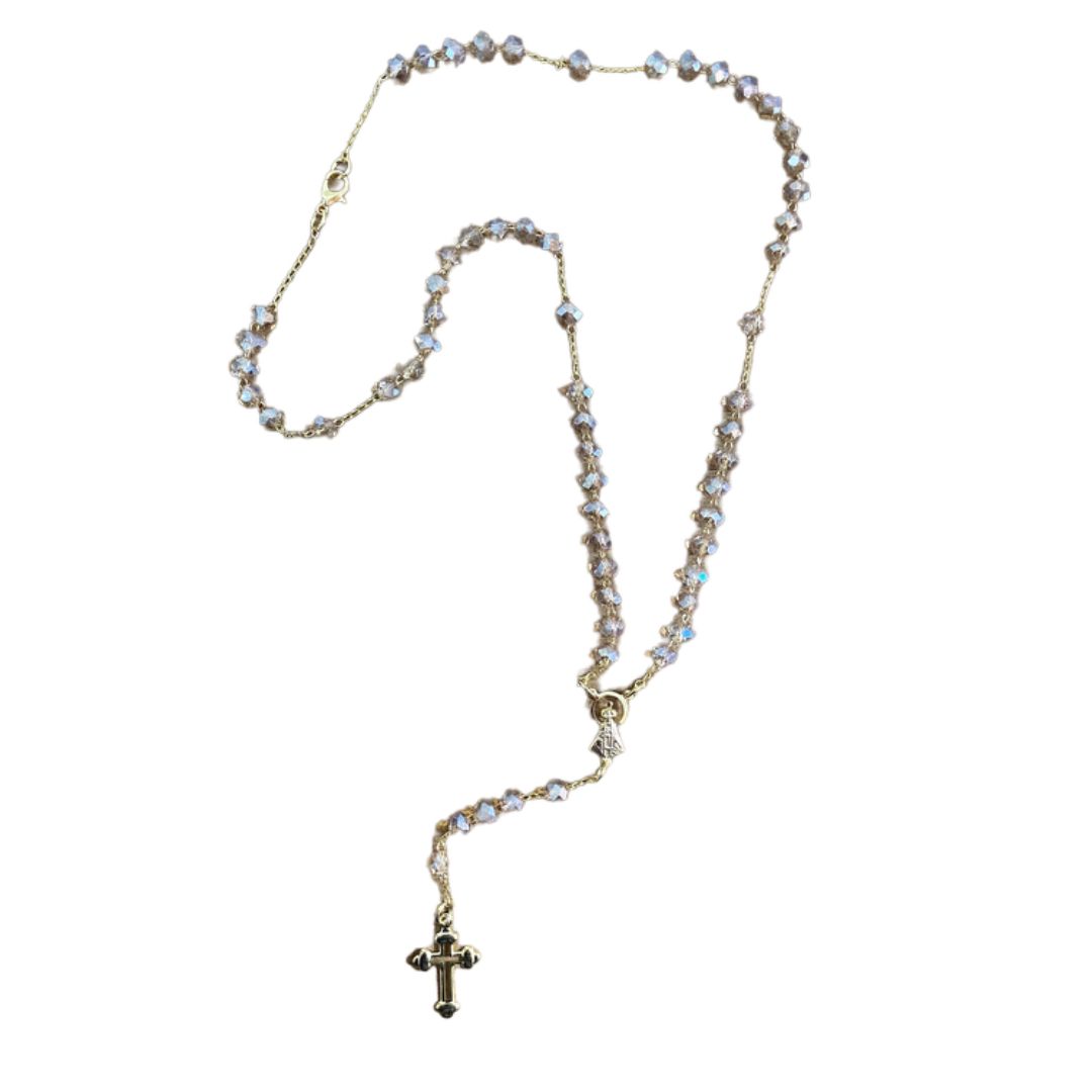 CORRENTE TERÇO CRISTAL NOSSA SENHORA APARECIDA BEGE TRANSPARENTE 04MM  (1 UNIDADE)