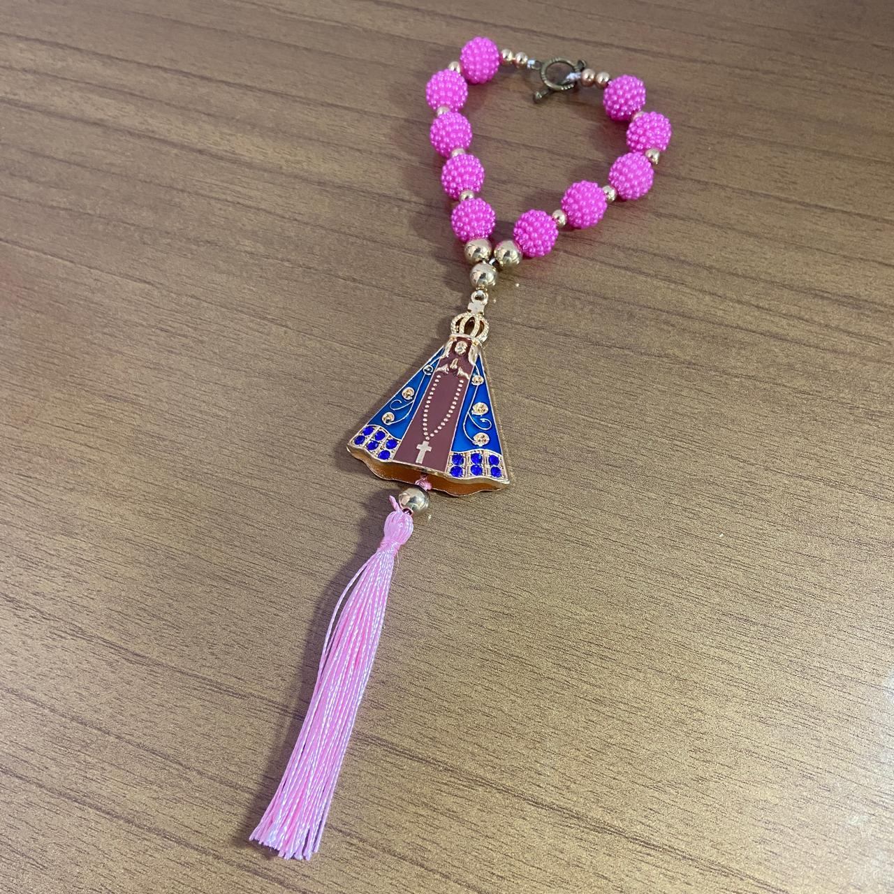 DEZENA PARA CARRO NOSSA SENHORA APARECIDA MARROM AMORA ROSA MOD2 12MM (3 UNIDADES)
