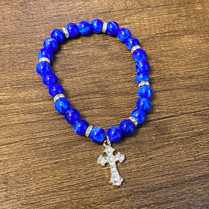 PULSEIRA PÉROLA AZUL CRUZ COM STRASS 08MM (03 UNIDADES)