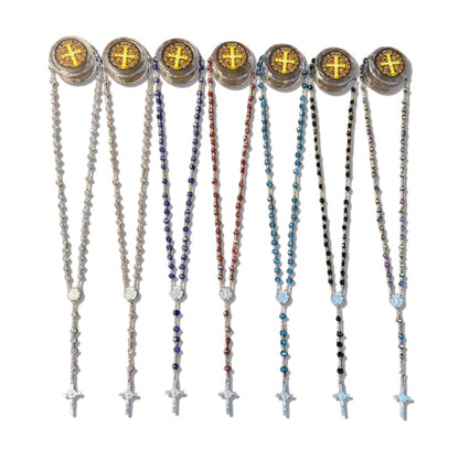 TERÇO CRISTAL MEDALHA DE SÃO BENTO COM STRASS CORES SORTIDAS 8MM  ( 6 UNIDADES)