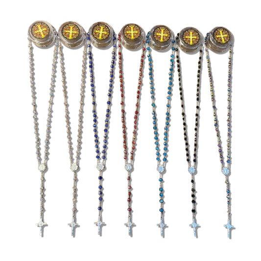TERÇO CRISTAL MEDALHA DE SÃO BENTO COM STRASS CORES SORTIDAS 8MM  ( 6 UNIDADES)