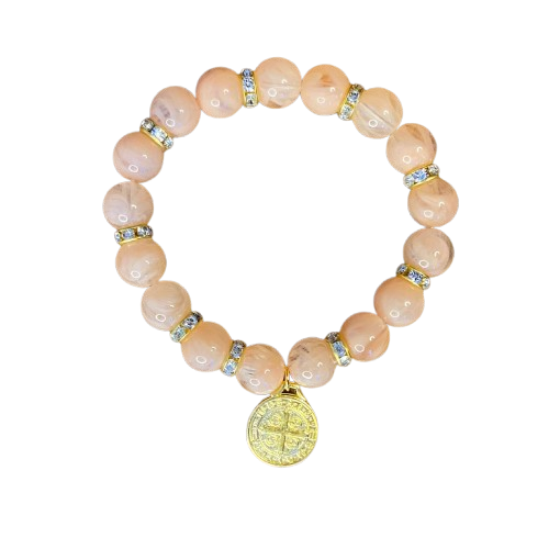 PULSEIRA PÉROLA ROSA COM PINGENTE MEDALHA DE SÃO BENTO 08MM  (03 UNIDADES)