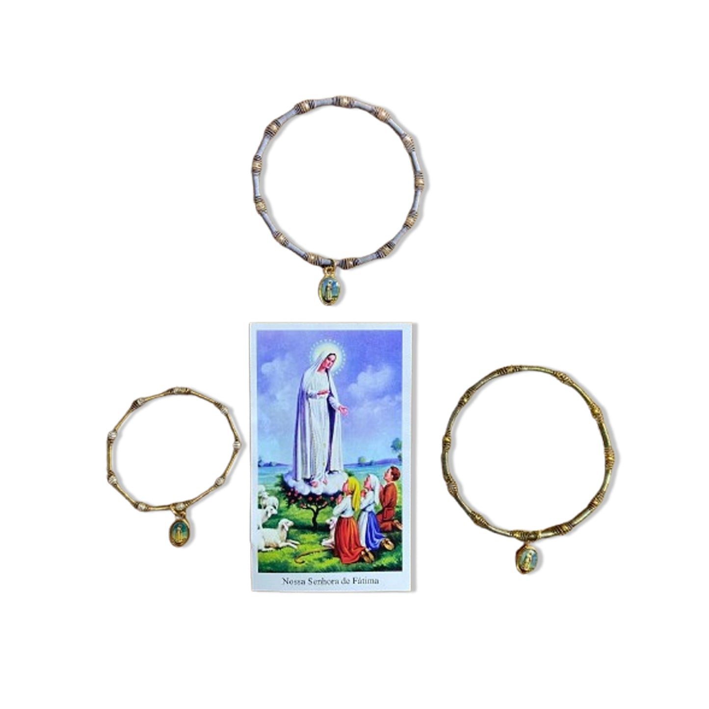 PULSEIRA DE MOLA COM MEDALHA NOSSA SENHORA DE FÁTIMA CORES SORTIDAS  (3 UNIDADES)