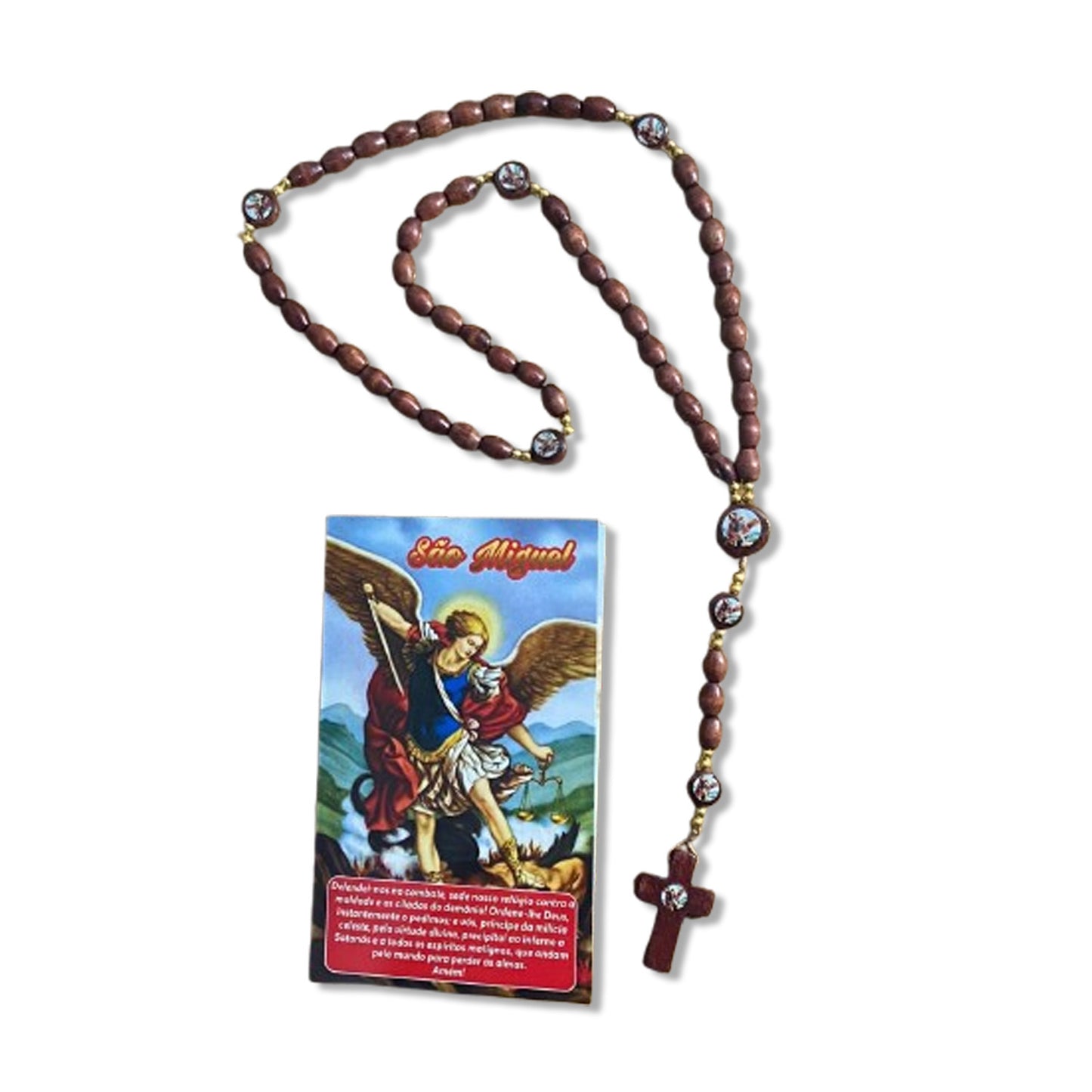 TERÇO DE MADEIRA SÃO MIGUEL ARCANJO 7 MEDALHAS 8MM MOD2 (3 UNIDADES)