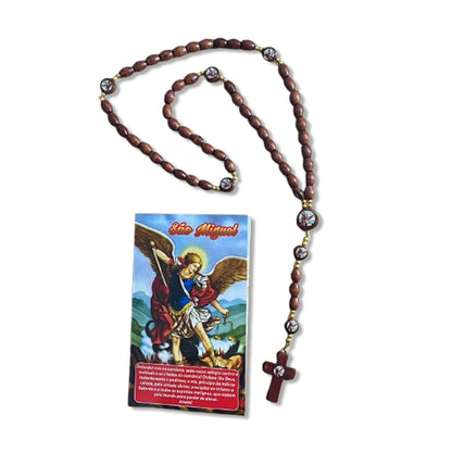 TERÇO DE MADEIRA SÃO MIGUEL ARCANJO 7 MEDALHAS 8MM MOD2 (3 UNIDADES)