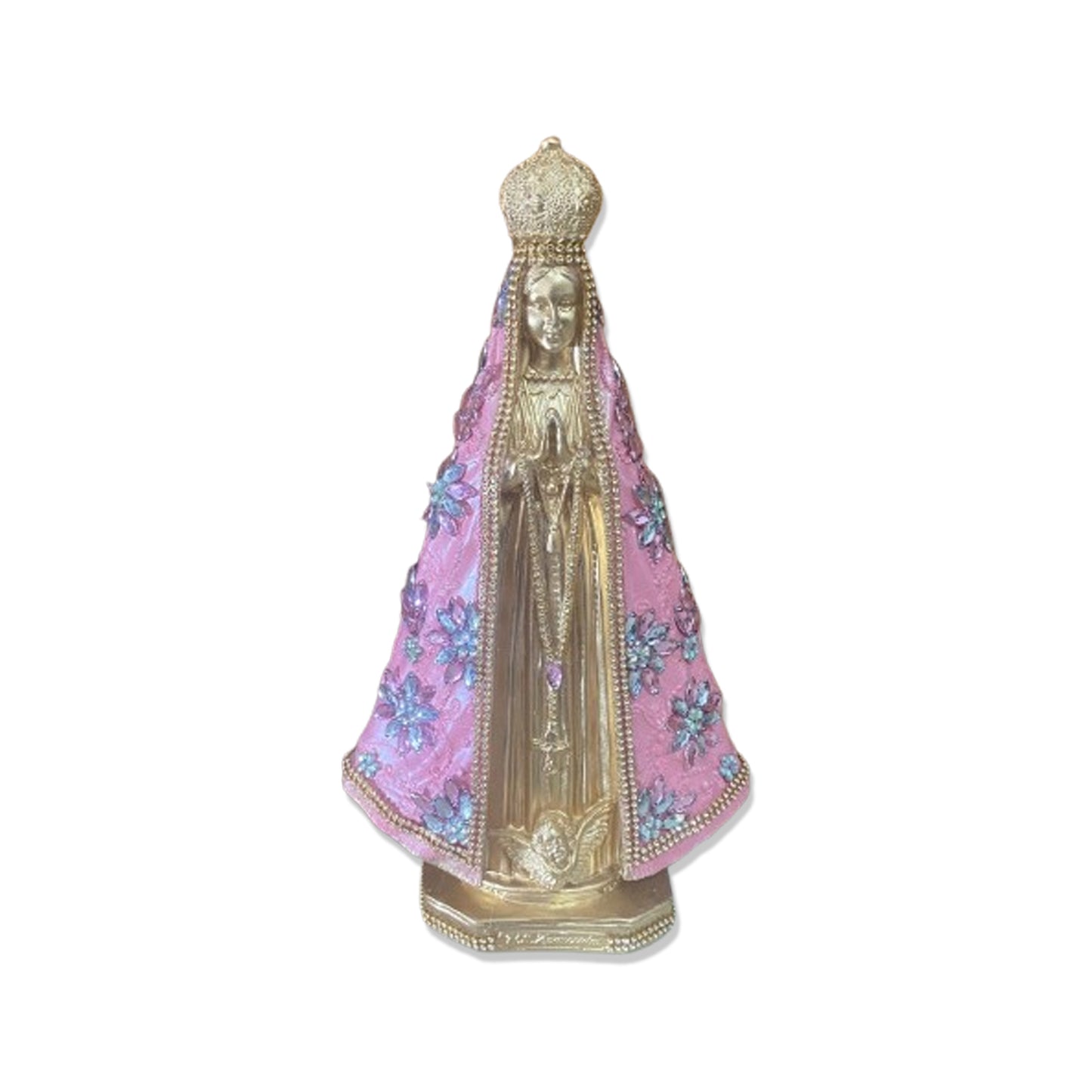 IMAGEM DE GESSO NOSSA SENHORA APARECIDA DOURADA E ROSA COM STRASS E PEDRARIA 33CM  (1 UNIDADE)