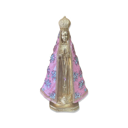 IMAGEM DE GESSO NOSSA SENHORA APARECIDA DOURADA E ROSA COM STRASS E PEDRARIA 33CM  (1 UNIDADE)