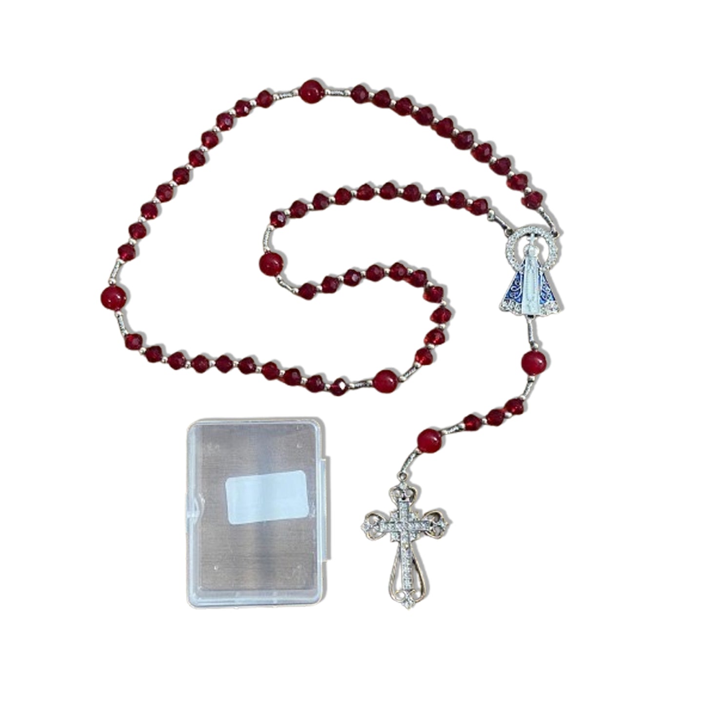 TERÇO DE NOIVA PRATEADO CRISTAL VERMELHO NOSSA SENHORA APARECIDA 08MM (1 UNIDADE)