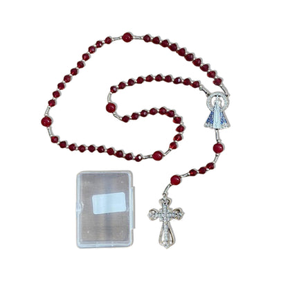 TERÇO DE NOIVA PRATEADO CRISTAL VERMELHO NOSSA SENHORA APARECIDA 08MM (1 UNIDADE)