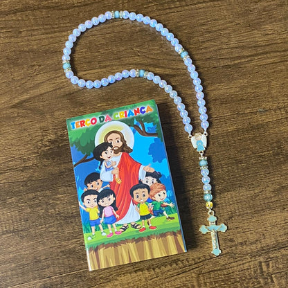 TERÇO PÉROLA  COM STRASS  ANJO DA GUARDA AZUL 08MM (1 UNIDADE)