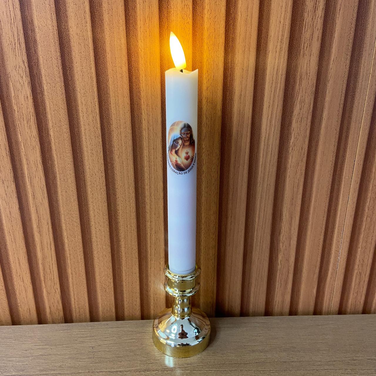 VELA ELETRÔNICA PALITO COM PEDESTAL SAGRADO CORAÇÃO DE JESUS E IMACULADO CORAÇÃO DE MARIA 25CM (1 UNIDADE)