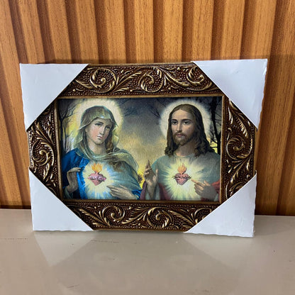 QUADRO COM MOLDURA RESINADO SAGRADO CORAÇÃO DE JESUS E IMACULADO CORAÇÃO DE MARIA  15,5 X 20,5 (1 UNIDADE)