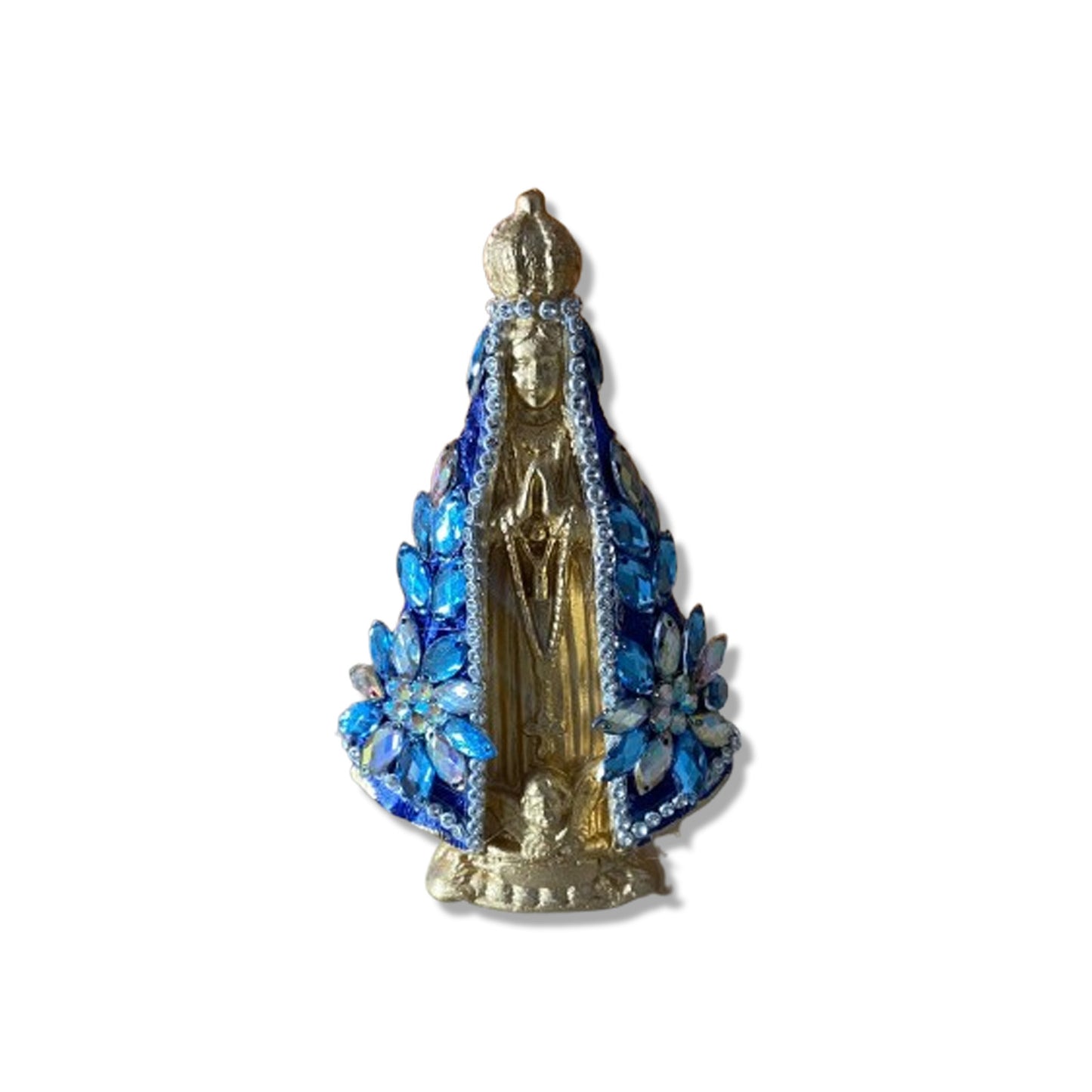 IMAGEM DE GESSO NOSSA SENHORA APARECIDA DOURADA E AZUL COM PEDRARIA 13,5CM (1 UNIDADE)