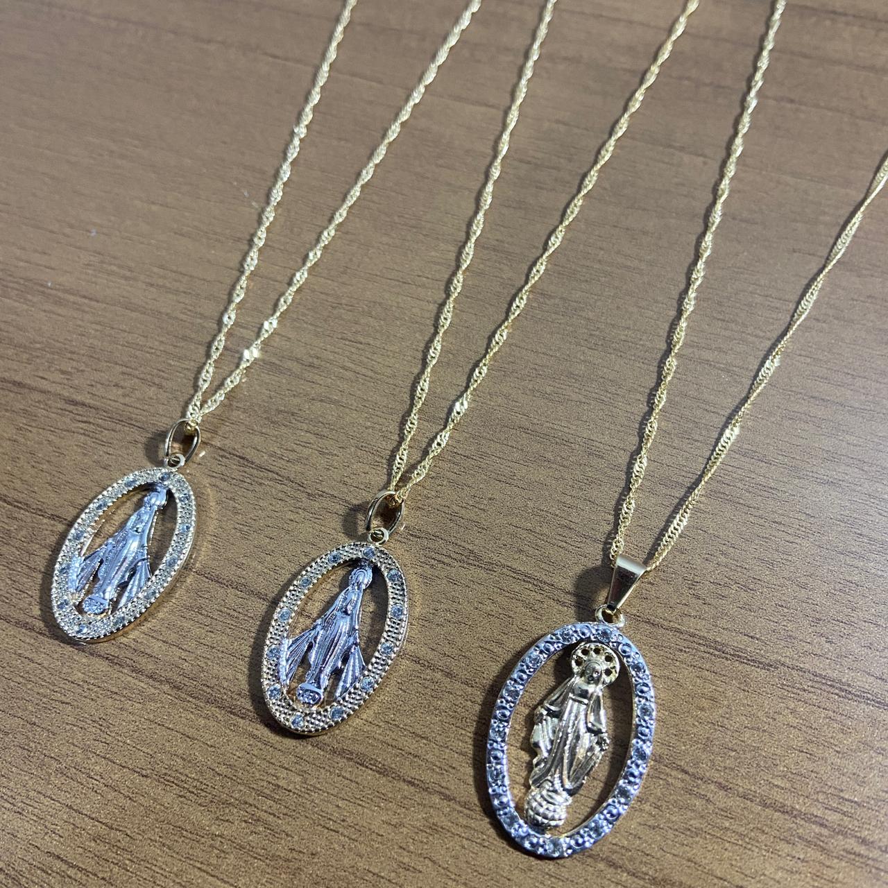 CORRENTE DOURADA NOSSA SENHORA DAS GRAÇAS COM STRASS (3 UNIDADES)