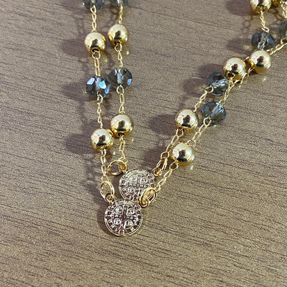 PULSEIRA ESCAPULARIO DOURADA COM CRISTAL CINZA MEDALHA SÃO BENTO  (3 UNIDADES)