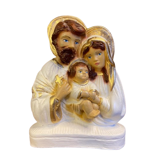 BUSTO DE GESSO SAGRADA FAMÍLIA BRANCO E DOURADO 13CM (1 UNIDADE)