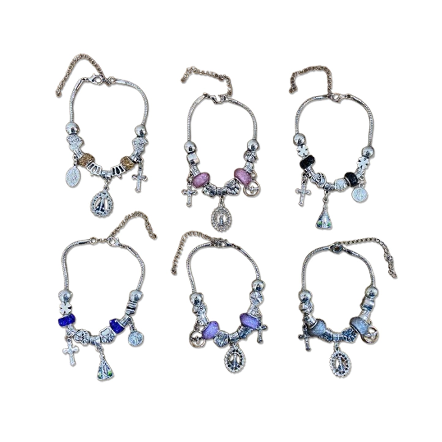 PULSEIRA PRATEADA NOSSA SENHORA APARECIDA MODELOS SORTIDOS COM BERLOQUES  (6 UNIDADES)