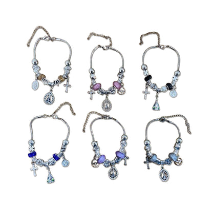 PULSEIRA PRATEADA NOSSA SENHORA APARECIDA MODELOS SORTIDOS COM BERLOQUES  (6 UNIDADES)