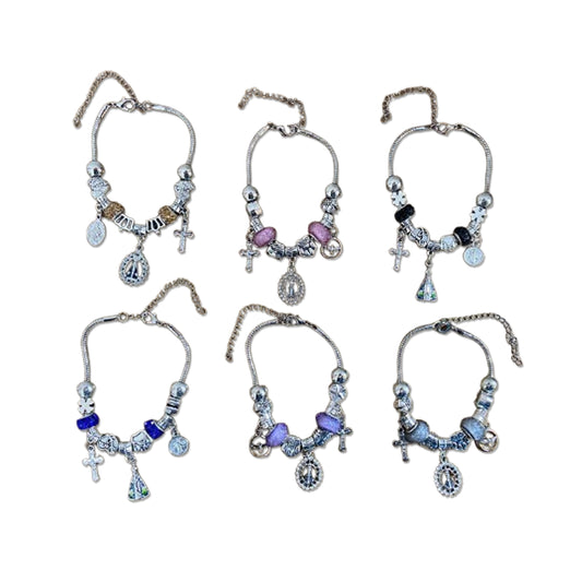 PULSEIRA PRATEADA NOSSA SENHORA APARECIDA MODELOS SORTIDOS COM BERLOQUES  (6 UNIDADES)