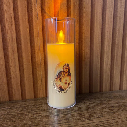 VELA ELETRÔNICA NO COPO DE ACRÍLICO SAGRADO CORAÇÃO DE JESUS E IMACULADO CORAÇÃO DE MARIA 15CM (1 UNIDADE)