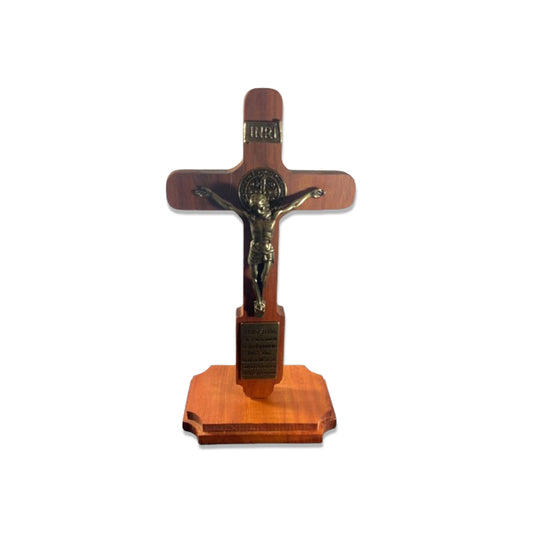 CRUCIFIXO MADEIRA DE MESA E PAREDE MEDALHA SÃO BENTO COM ORAÇÃO 29CM (1 UNIDADE)
