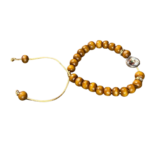PULSEIRA DE MADEIRA CARAMELO REGULÁVEL COM MEDALHA RESINADA SÃO CRISTÓVÃO (3 UNIDADES)