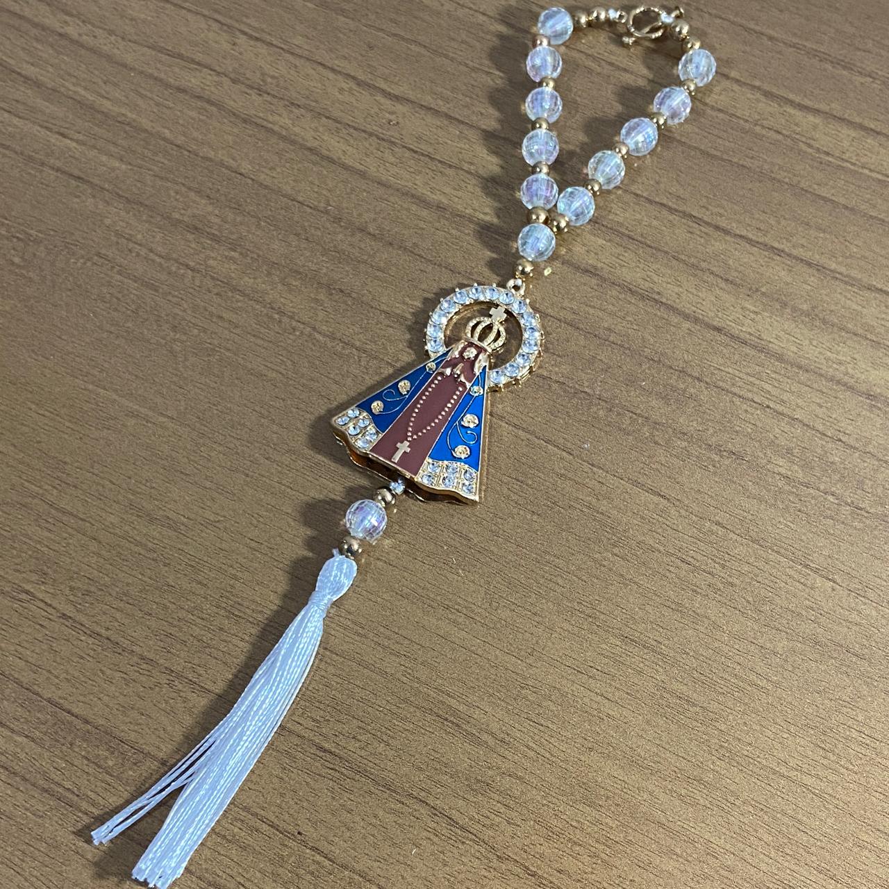 DEZENA PARA CARRO CRISTAL NOSSA SENHORA APARECIDA MARROM COM STRASS 12MM (3 UNIDADES)