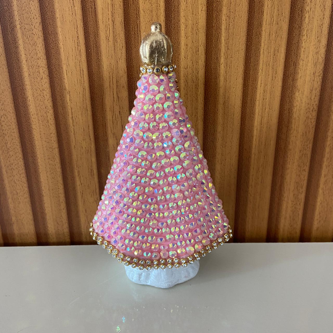 IMAGEM DE GESSO NOSSA SENHORA APARECIDA BRANCA COM STRASS ROSA 14CM (1 UNIDADE)