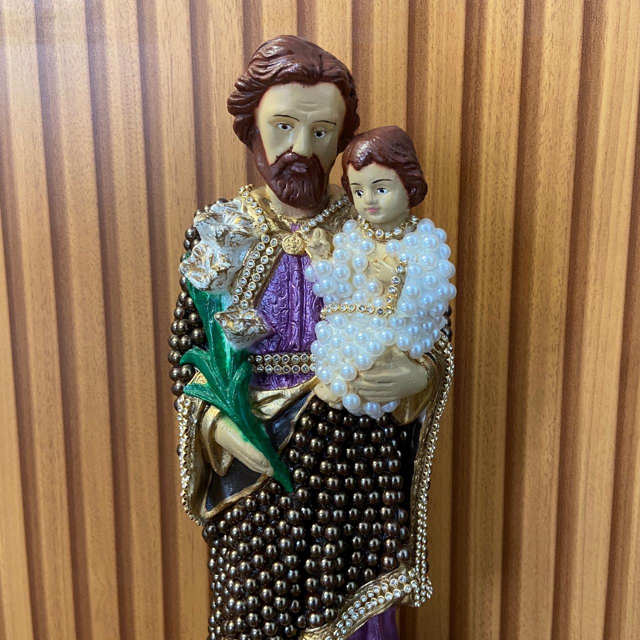 IMAGEM DE GESSO SÃO JOSÉ PEROLADA COM STRASS 30CM (1 UNIDADE)